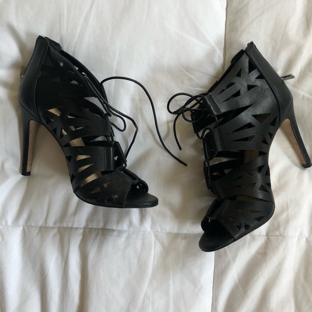 Black Faux Leather Open toe Ankle heels
